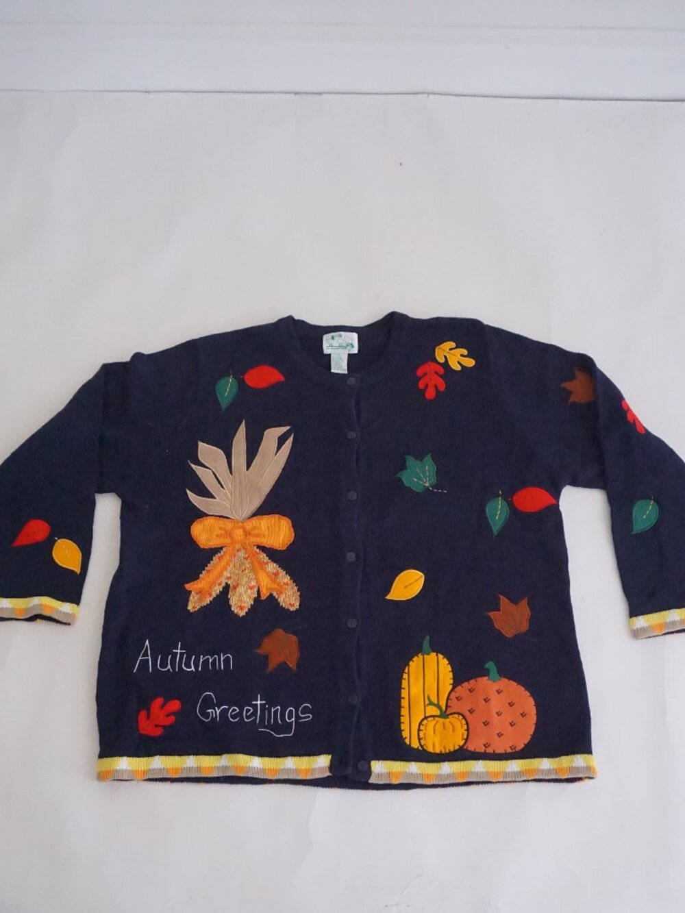 Vintage Quacker Factory Autumn Leaves Pumpkins Harvest Embroidered Cardigan 1X
